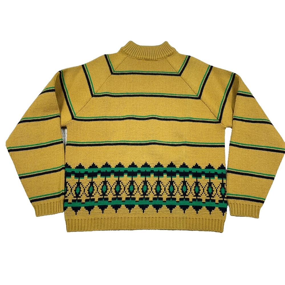 Vintage Grandpa Sweater Adult Yellow Green Worsted Wool Geometric 70s 80s Stripe
